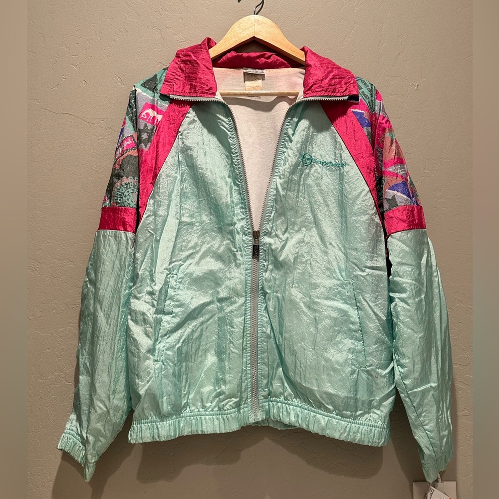 Vintage Sergio Tacchini Colorblock Windbreaker Jacket 80s Aqua Pink Nylon Track